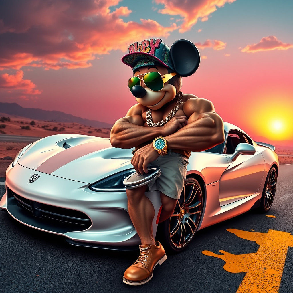 Mickey Mouse Bodybuilder Leaning on a Dodge Viper