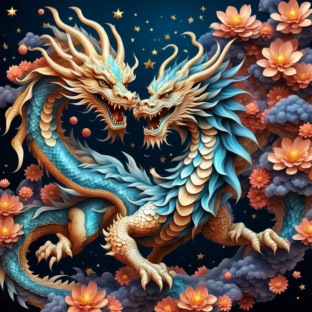 Flying Chinese Dragon with Flowers and Stars