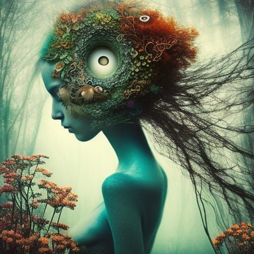 Surreal Woman in Sun and Moon Clouds