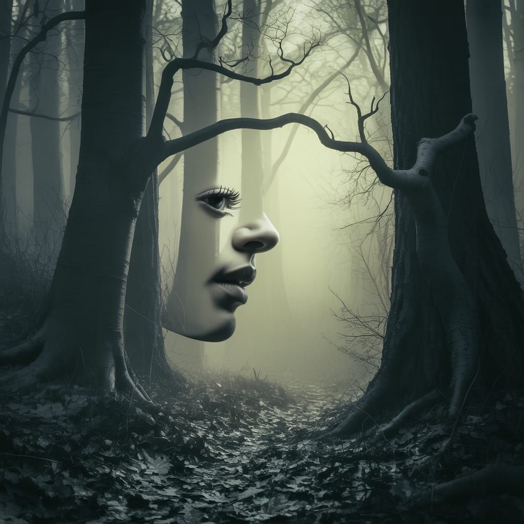 Surreal Monochrome Forest Woman Face Illusion