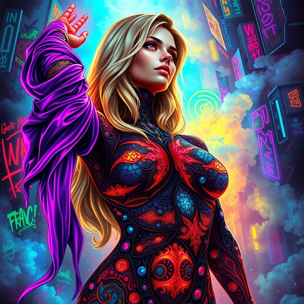 Surreal Fantasy Artwork of a Blonde Woman in Vibrant Biomorp...