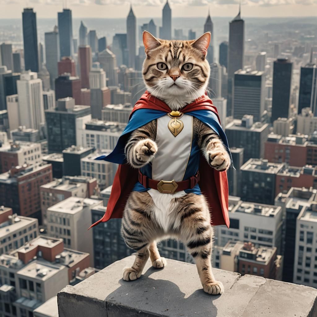 A cat as a superhero, wearing a cape and mask, striking a he...