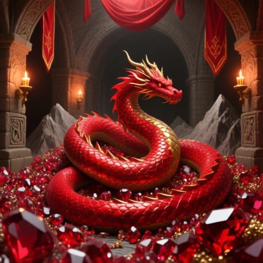 Serpentine Dragon Guards Ruby Hoard in Illuminated Manuscrip...