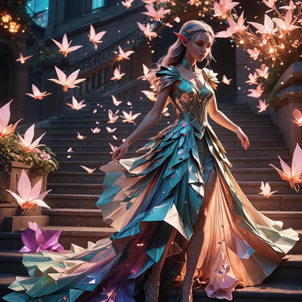Elf Twirling in Origami Dress: Digital Matte Painting