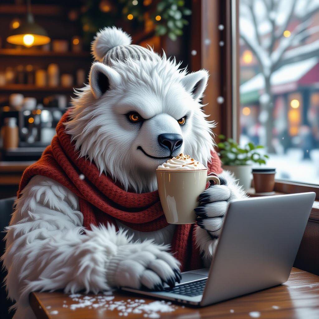 Snow Beast Enjoys Hot Chocolate in Cozy Cafe