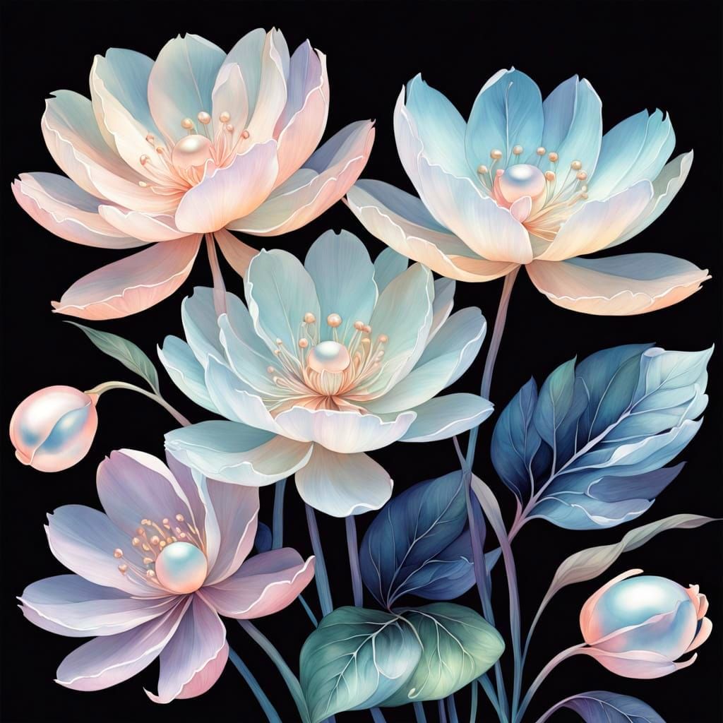 Pastel Blooms in Iridescent Pearls on Black