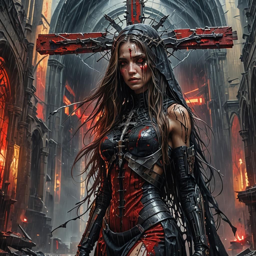 Cyborg Woman with Lace Veil in Cyberpunk Style