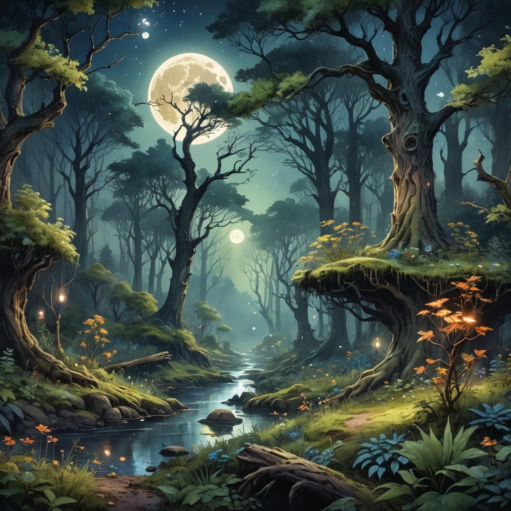 Moonlit Forest with Fairy in Watercolor Style