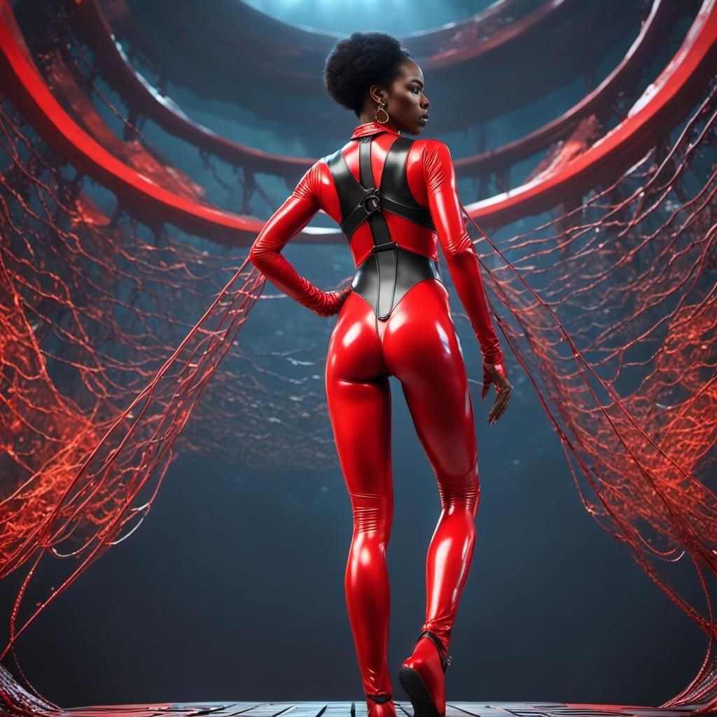 model in red latex catsuit
