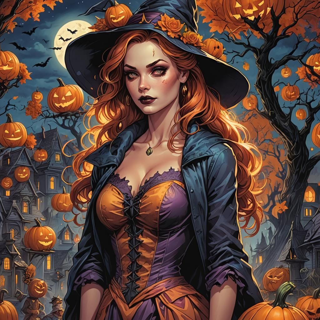 Halloween Woman in Colorful Comic Art Style