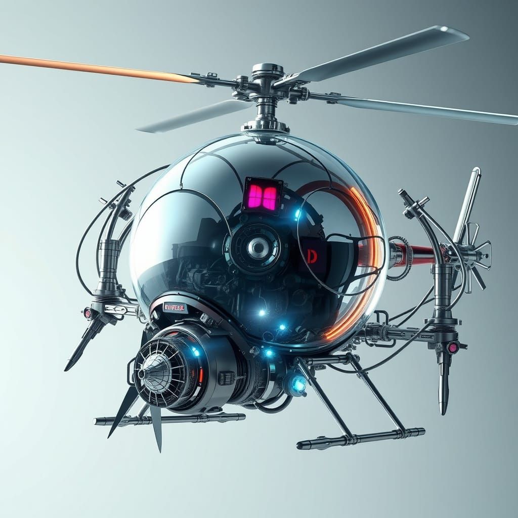 Futuristic Orb Helicopter in Industrial Neon Style