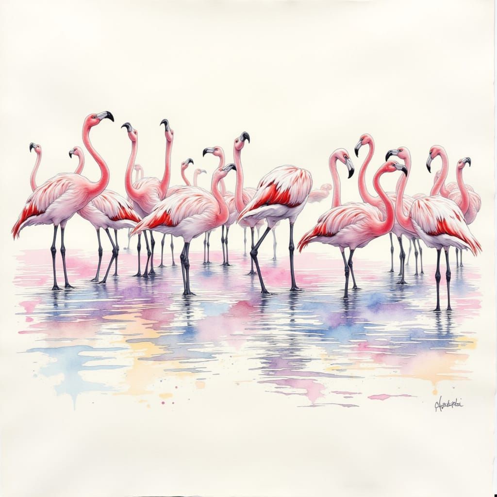 Colorful Line Drawing of Flamingoes in Shallow Water
