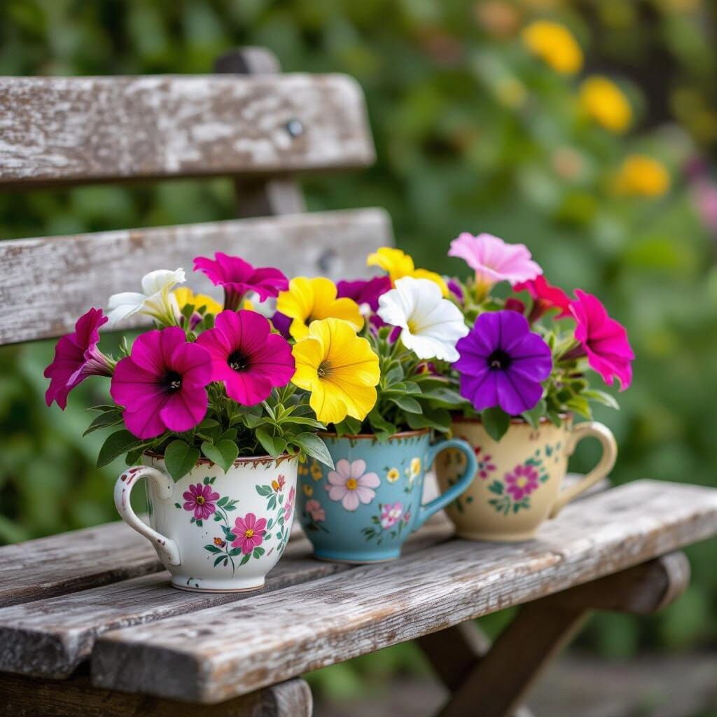 Petunias in Ceramic Cups: Whimsical Floral Still Life