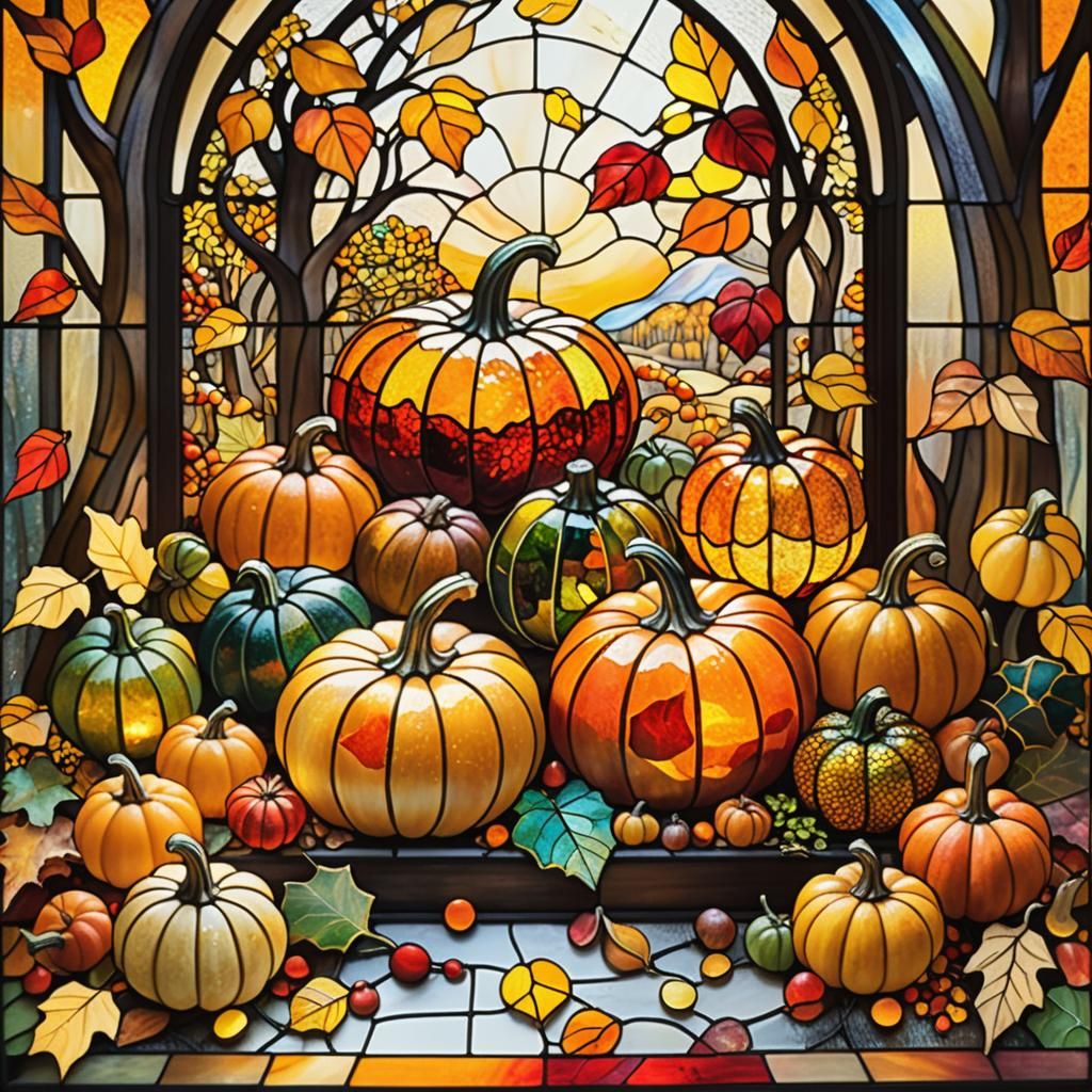 Autumn Cornucopia in Pointillist Stained Glass Style