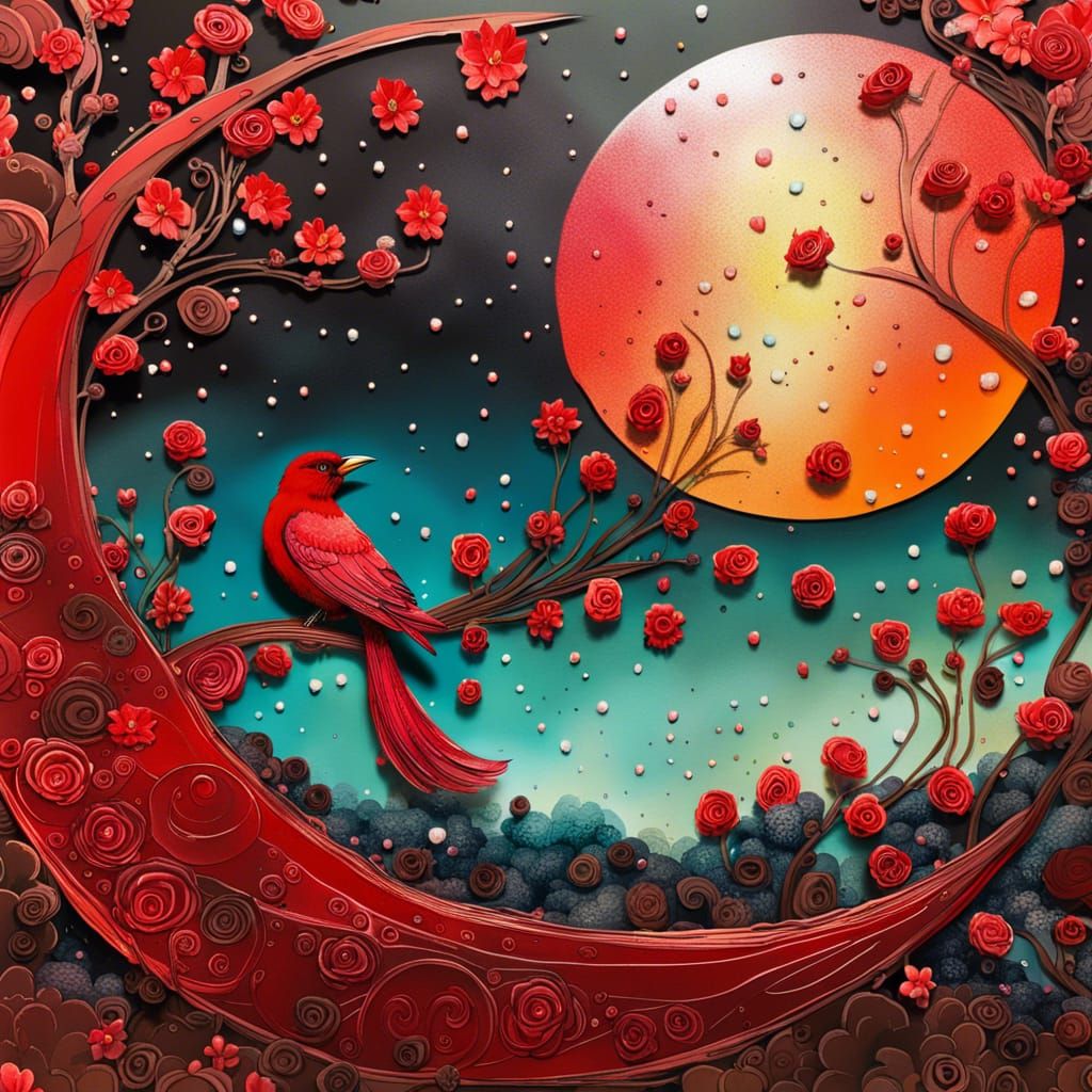 Red Bird in Whimsical Garden, as Splash Art