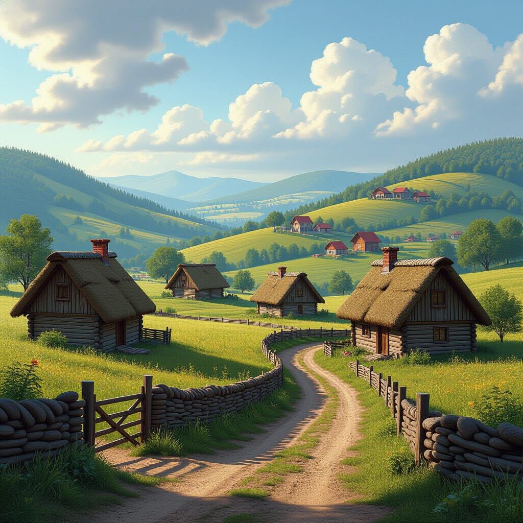 Hyperrealistic Landscape of Rural Village with Rolling Hills