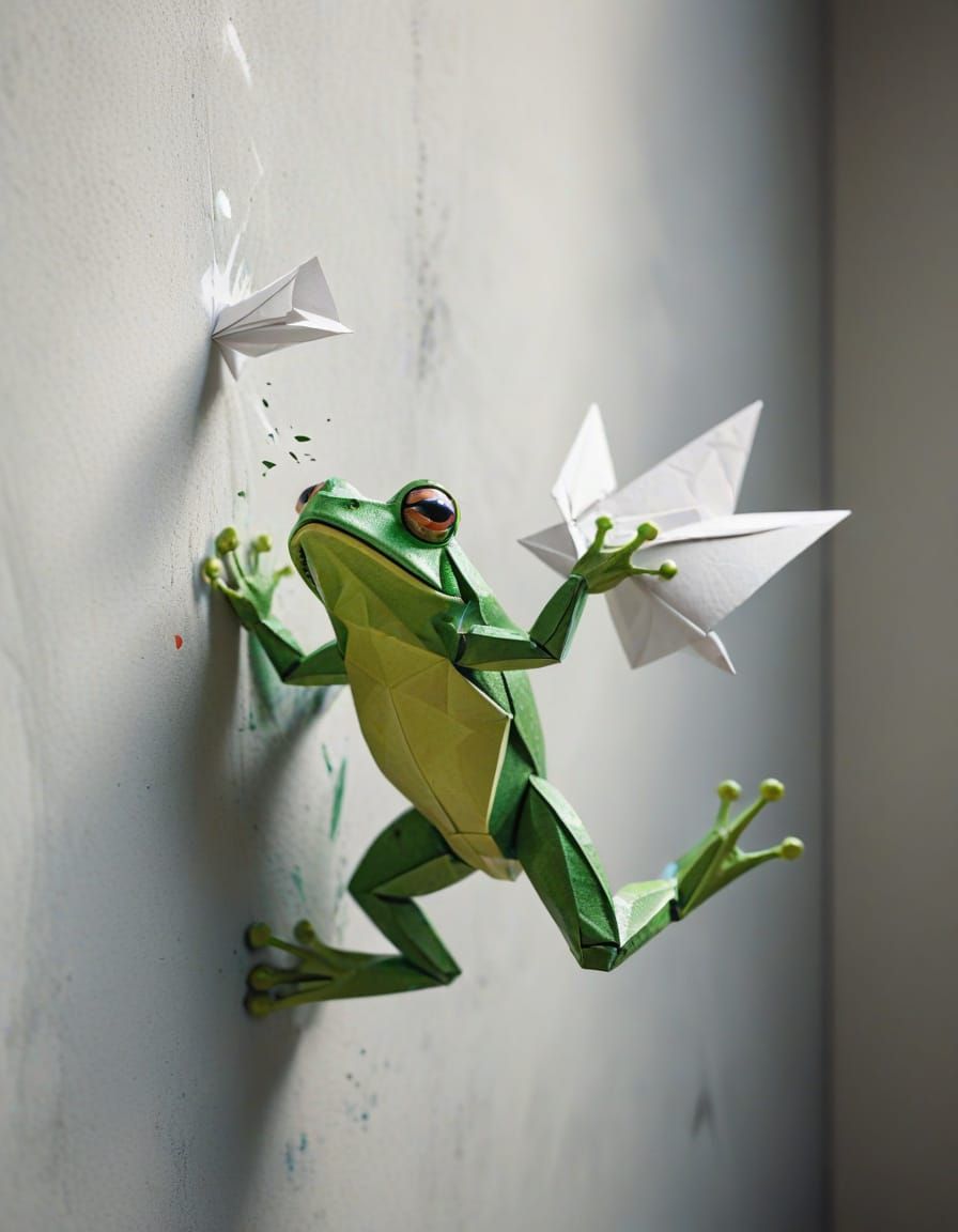 A Frog in Mid-Snatch, Paper Art in 8K Resolution