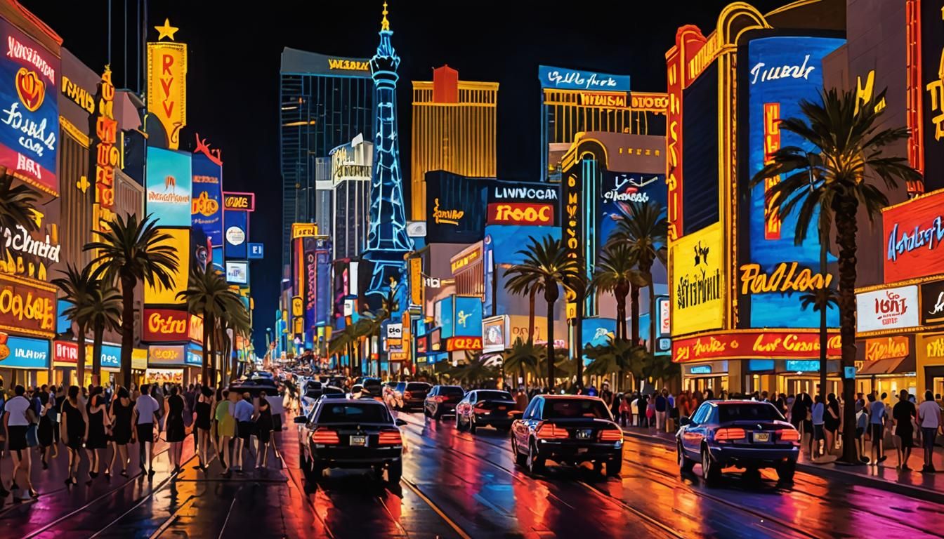 Las Vegas Boulevard Neon Lights at Night as Impasto Art