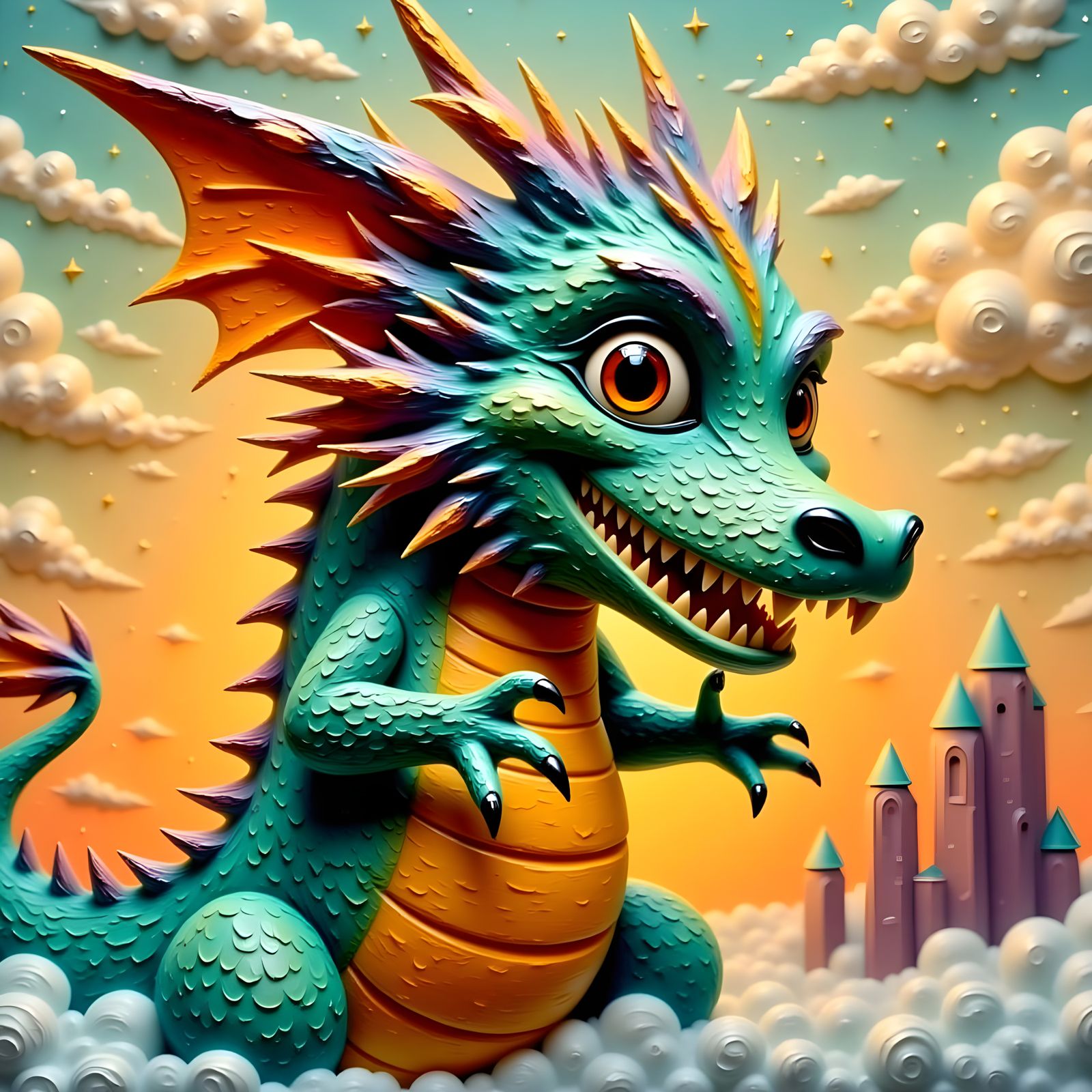 Joyous Dragon in Surreal Anime Landscape