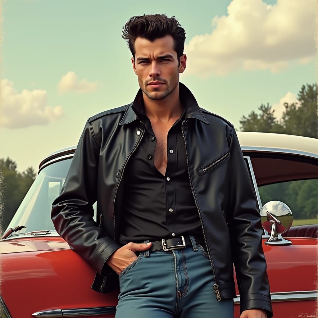 Vintage Greaser Portrait of Confident Man and Classic Car