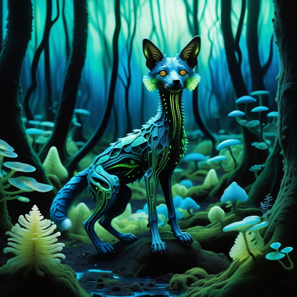 Exotic Alien Creatures in Bioluminescent Forest