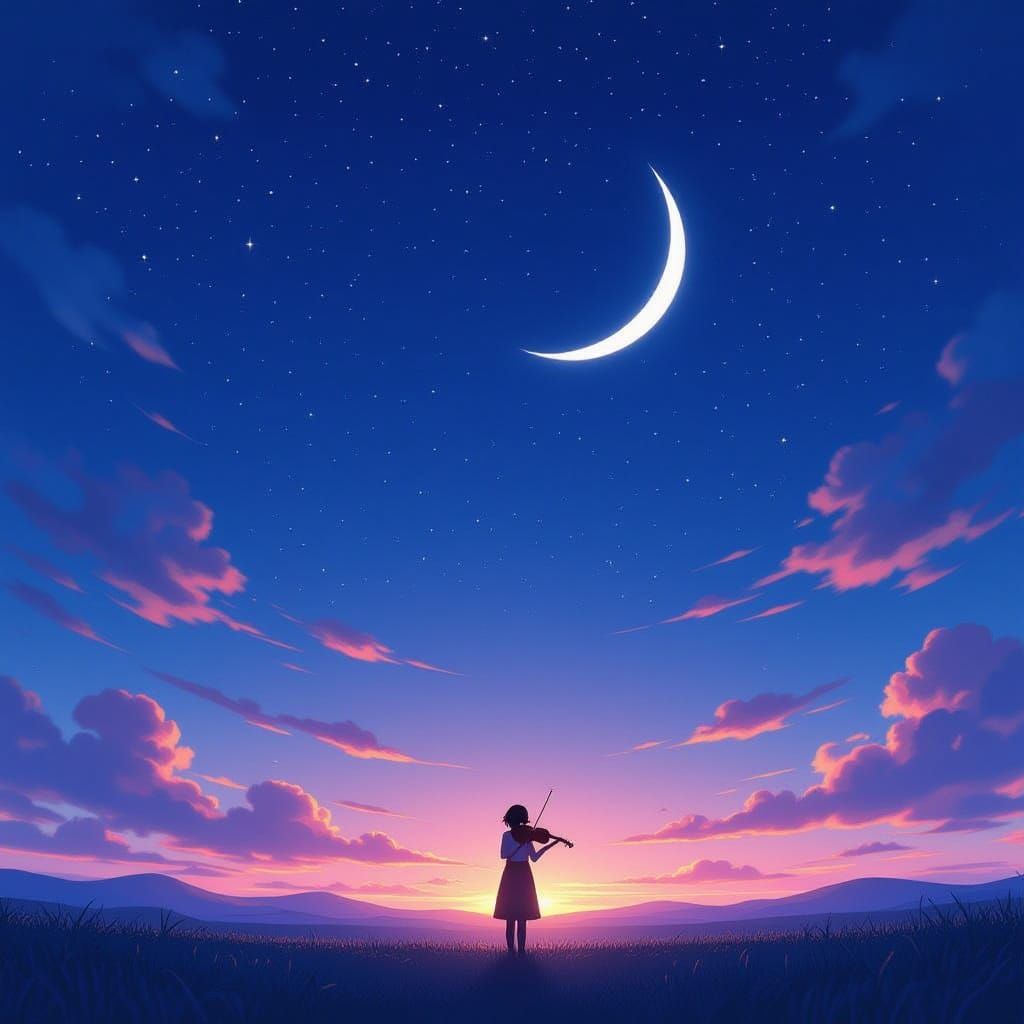 Anime Twilight Landscape with Violinist Under Starlit Sky