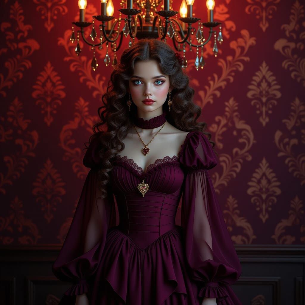 Gothic Girl in Chiffon Gown with Ornate Wallpaper