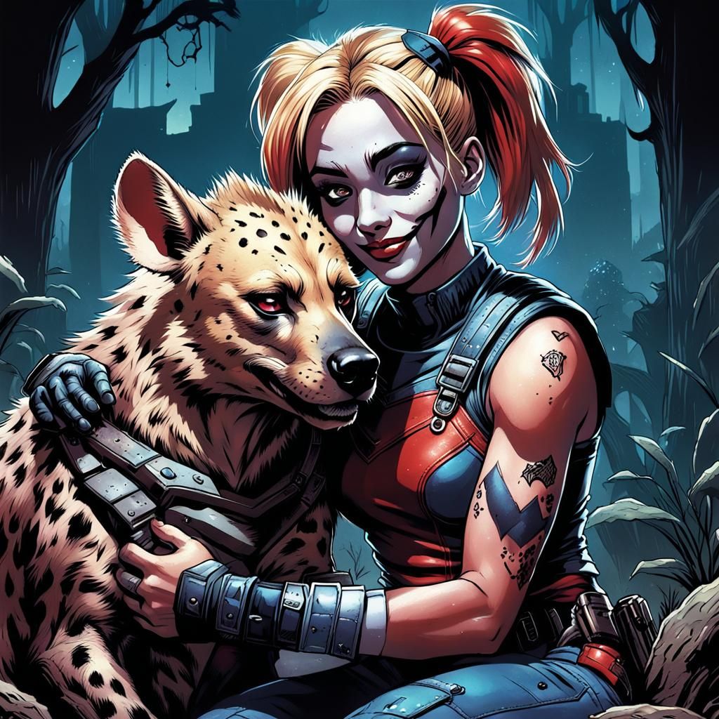 Harley Quinn Cuddling Hyena in Comic Book Art