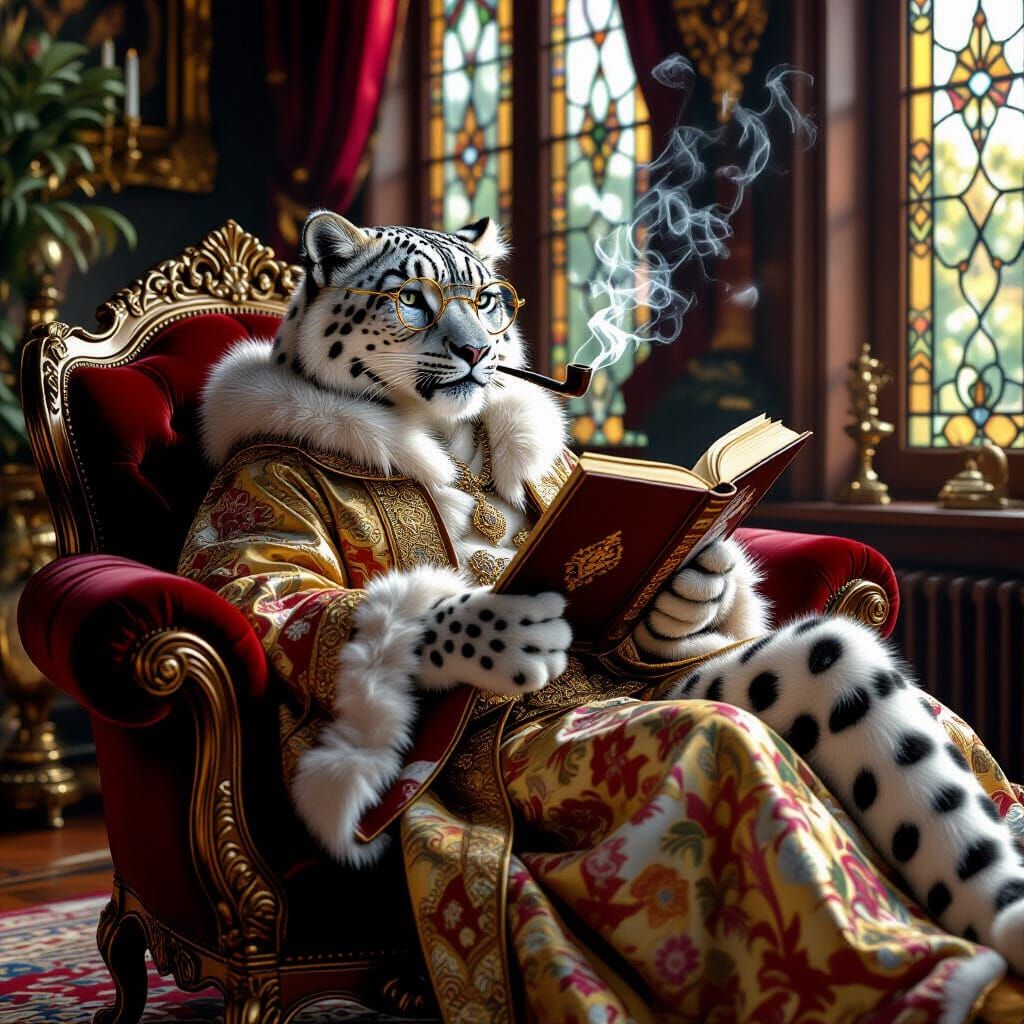 Snow Leopard Lounging in Victorian Parlor as Baroque Art