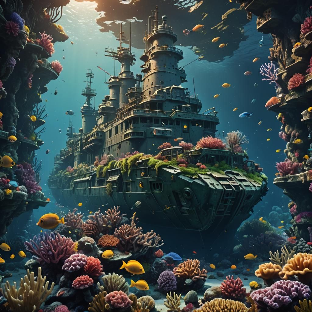 Sunken Battleship Overgrown with Coral: Detailed Matte Paint...