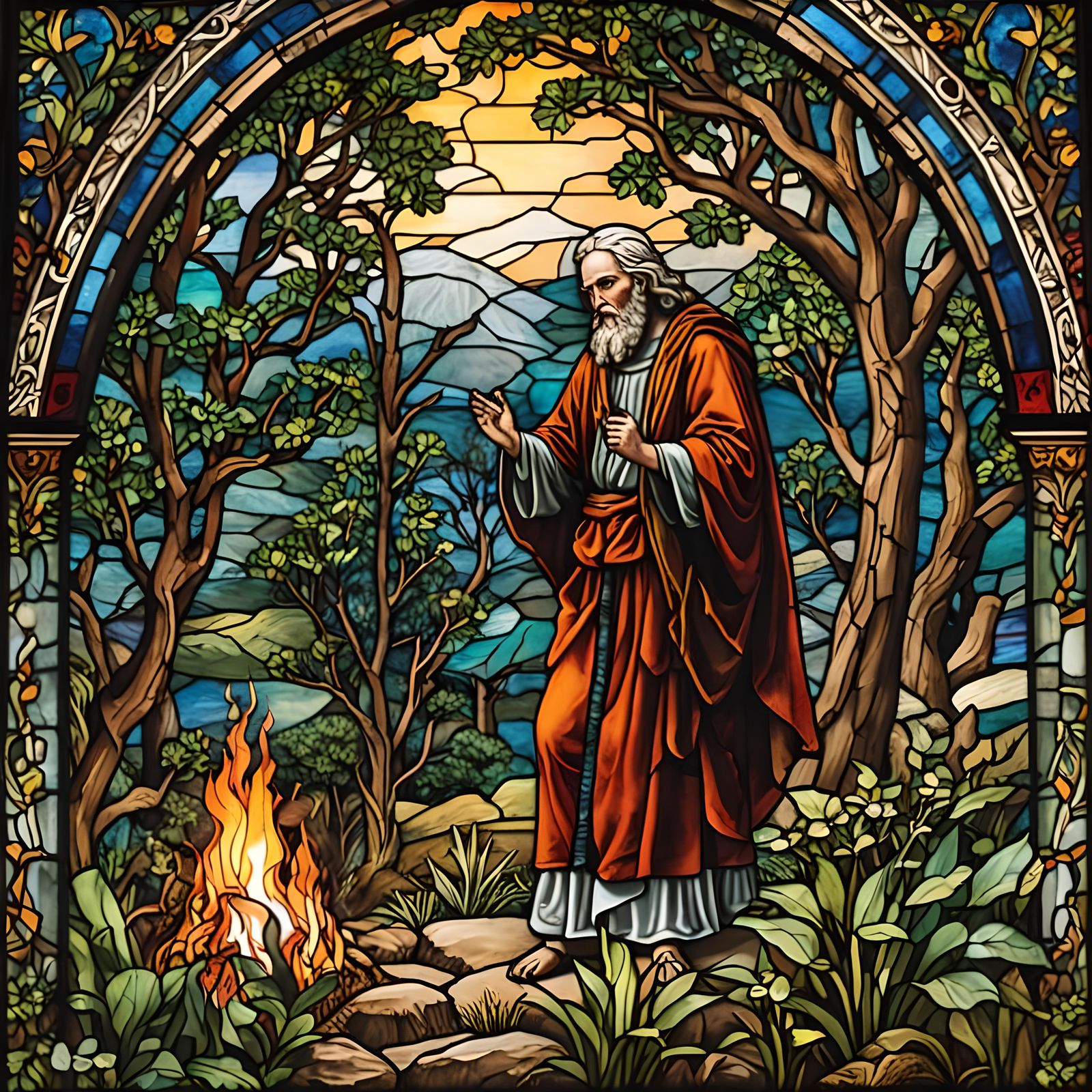 Moses and the Burning Bush in Stained Glass