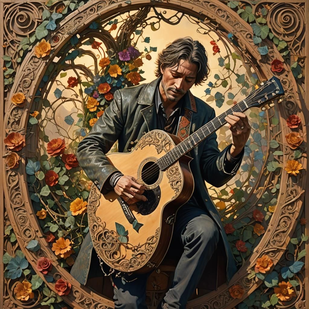 Mystical Guitarist on Pendulum in Dreamlike Realm