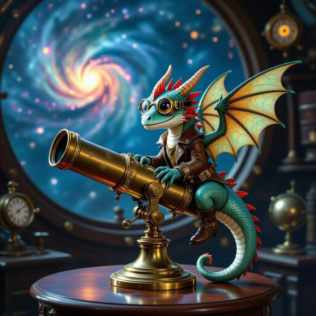 Steampunk Dragon Gazing at Nebula in Observatory