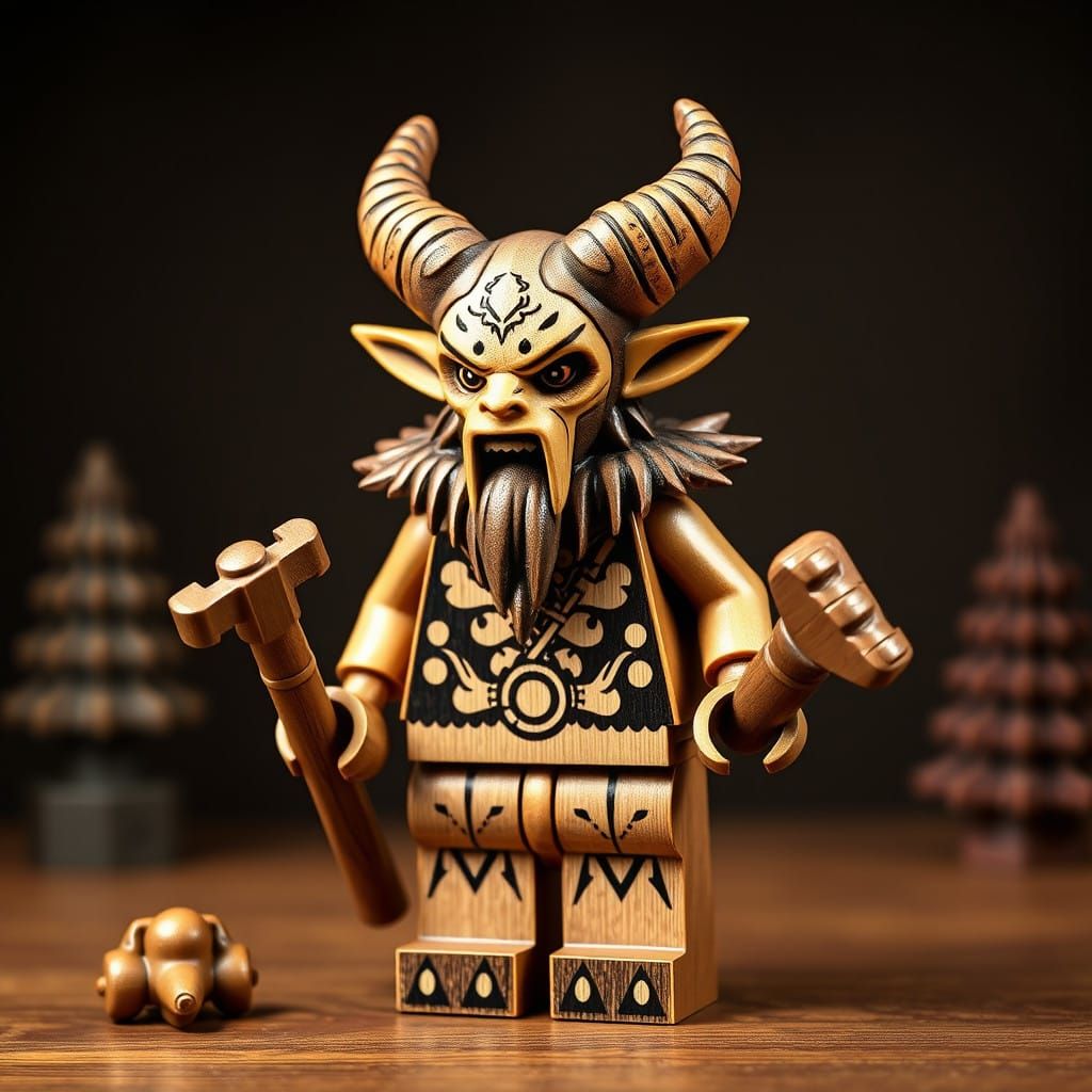 Krampus as a Lego Minifig in Woodcut Art