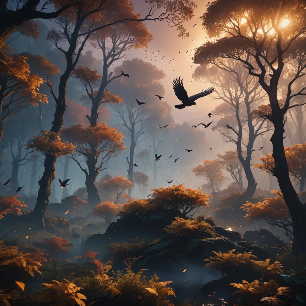 Birds Soaring Over a Glowing Forest at Dawn