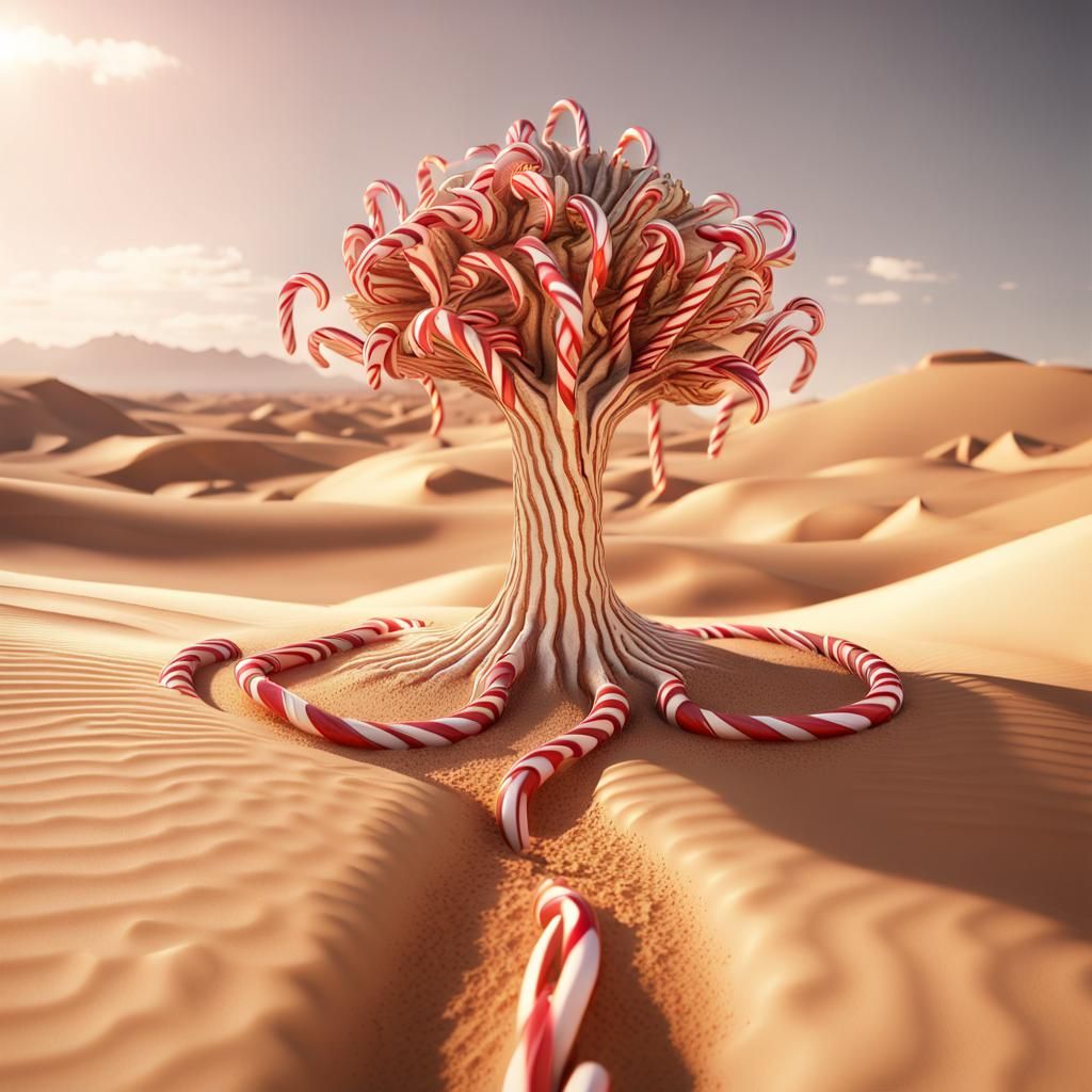 Candy Cane Tree in Golden Desert, Sci-Fi Art