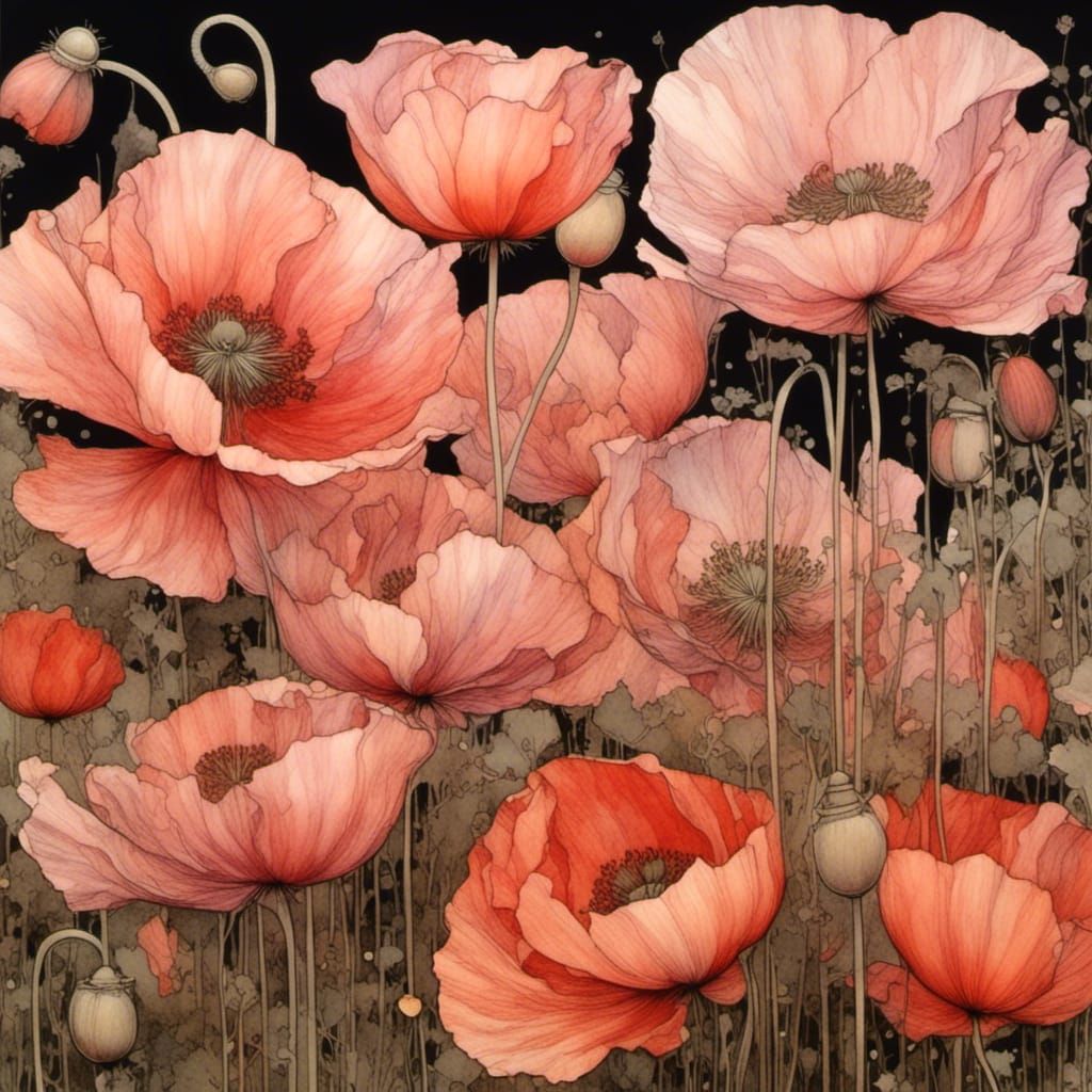 Poppies in Pink Evening Light: Detailed Floral Art