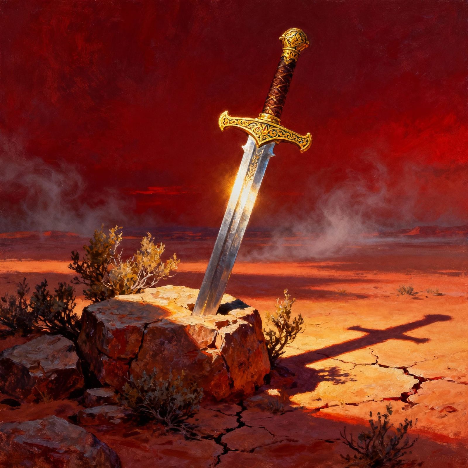 Magnificent Golden Sword Rises From Desert Stone