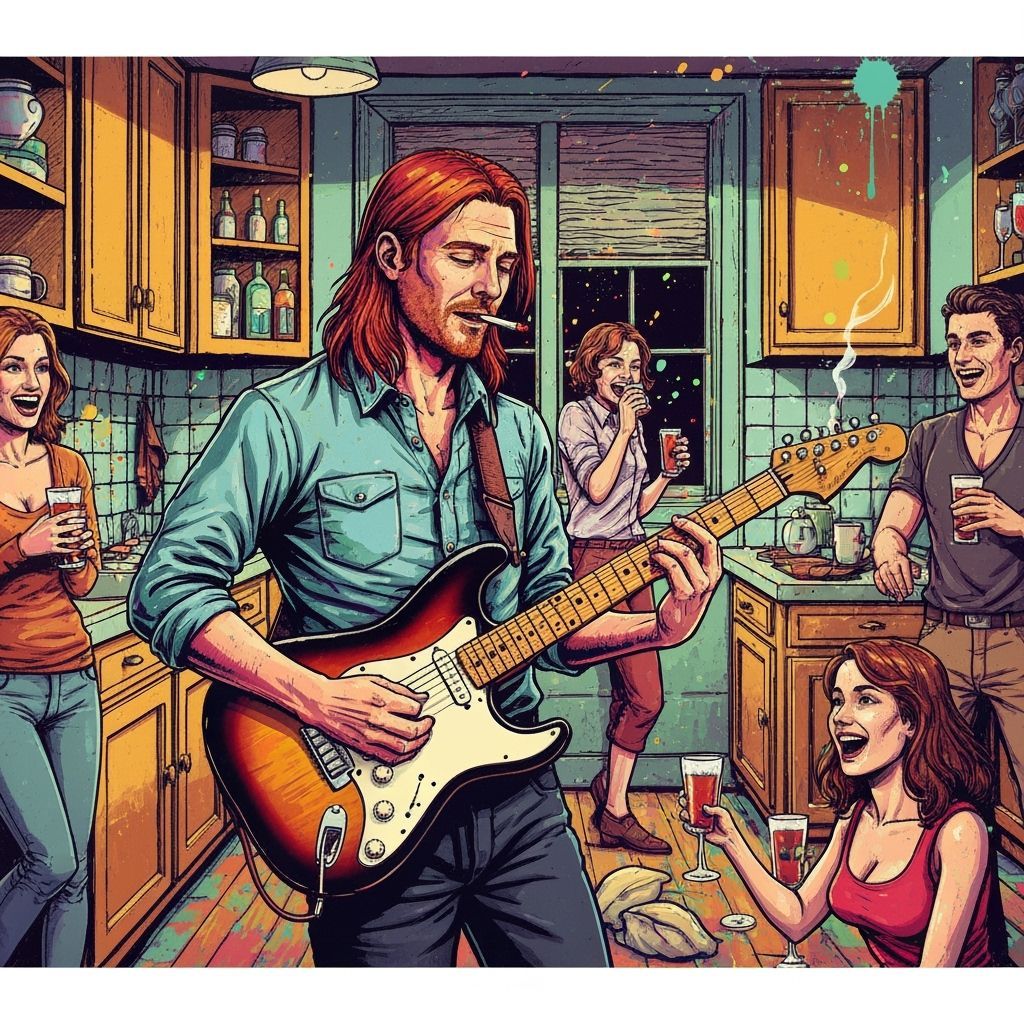 Farmer Playing Stratocaster in Vibrant Pop Art Kitchen