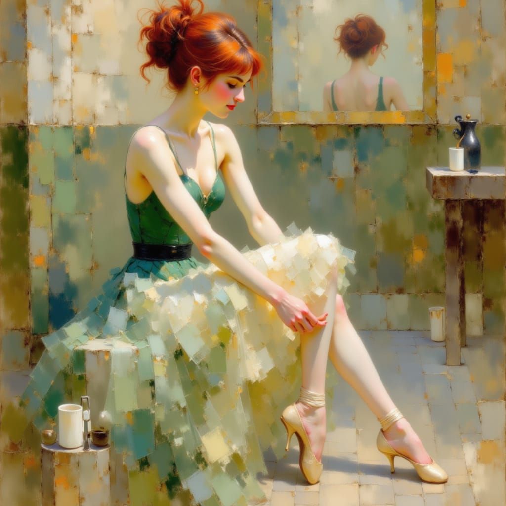 Ballerina Tying Shoe in Sage Green, Impressionist Style