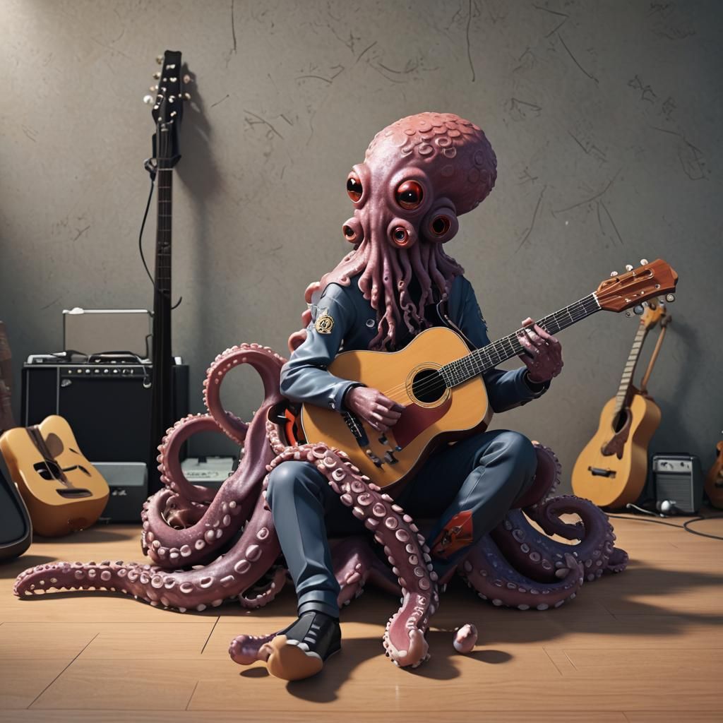 Octopus Ready to Play Guitar in 3D Anime Art