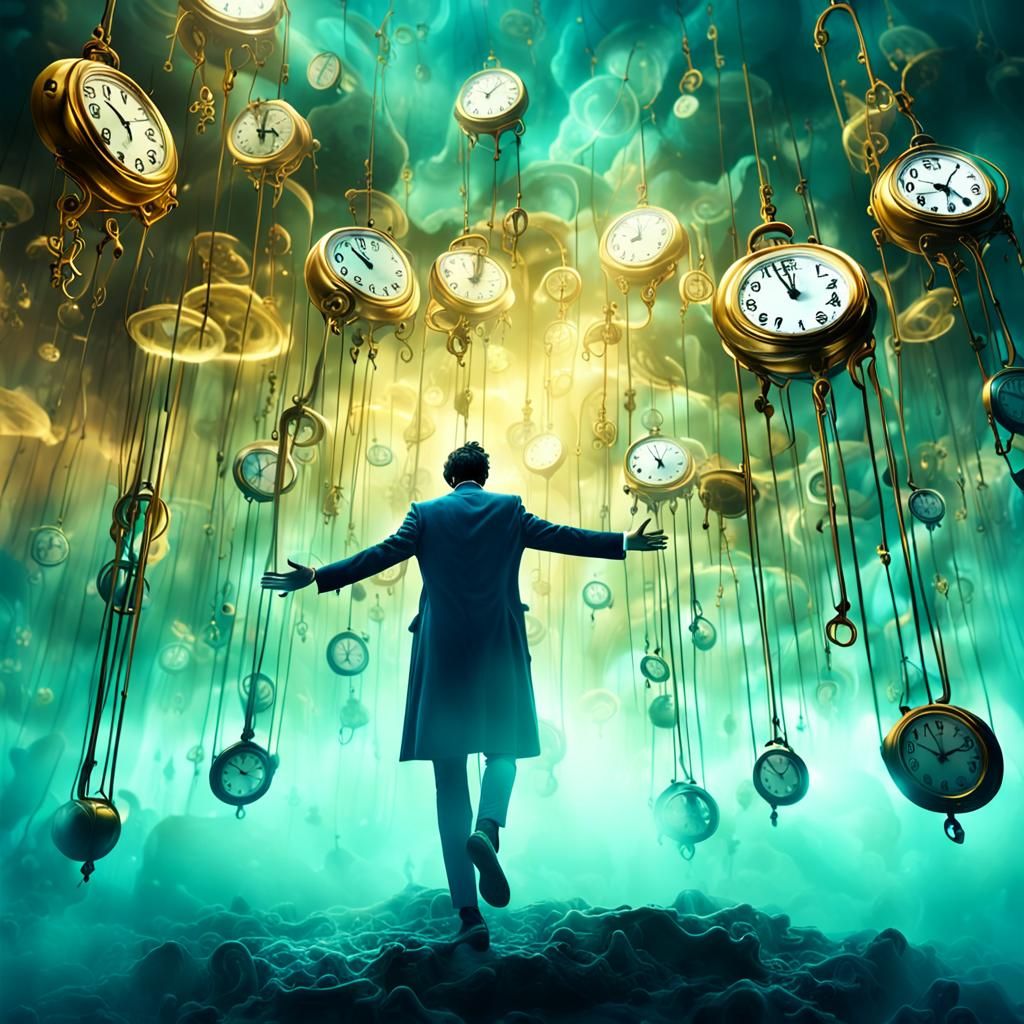 Surreal Floating Figure Surrounded by Melting Clocks