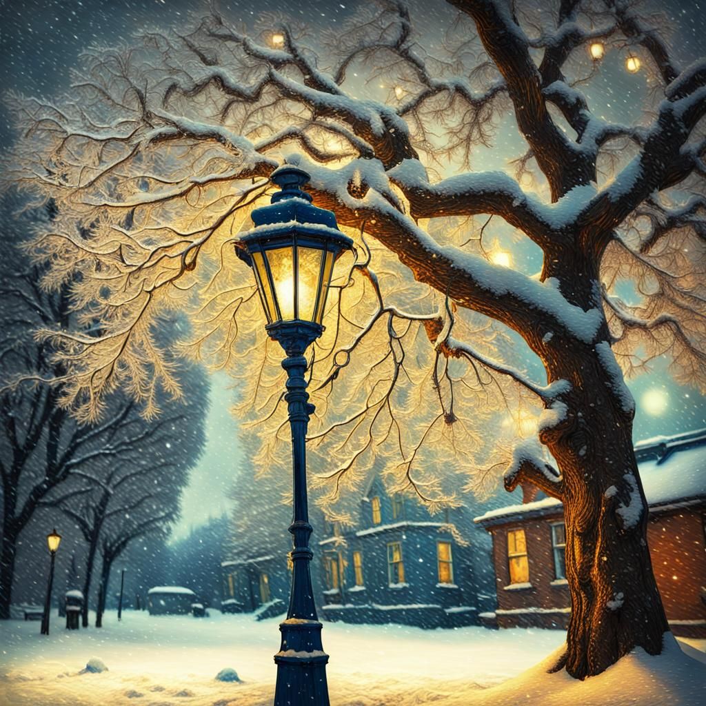 Winter Tree and Street Lamp in Van Gogh Style