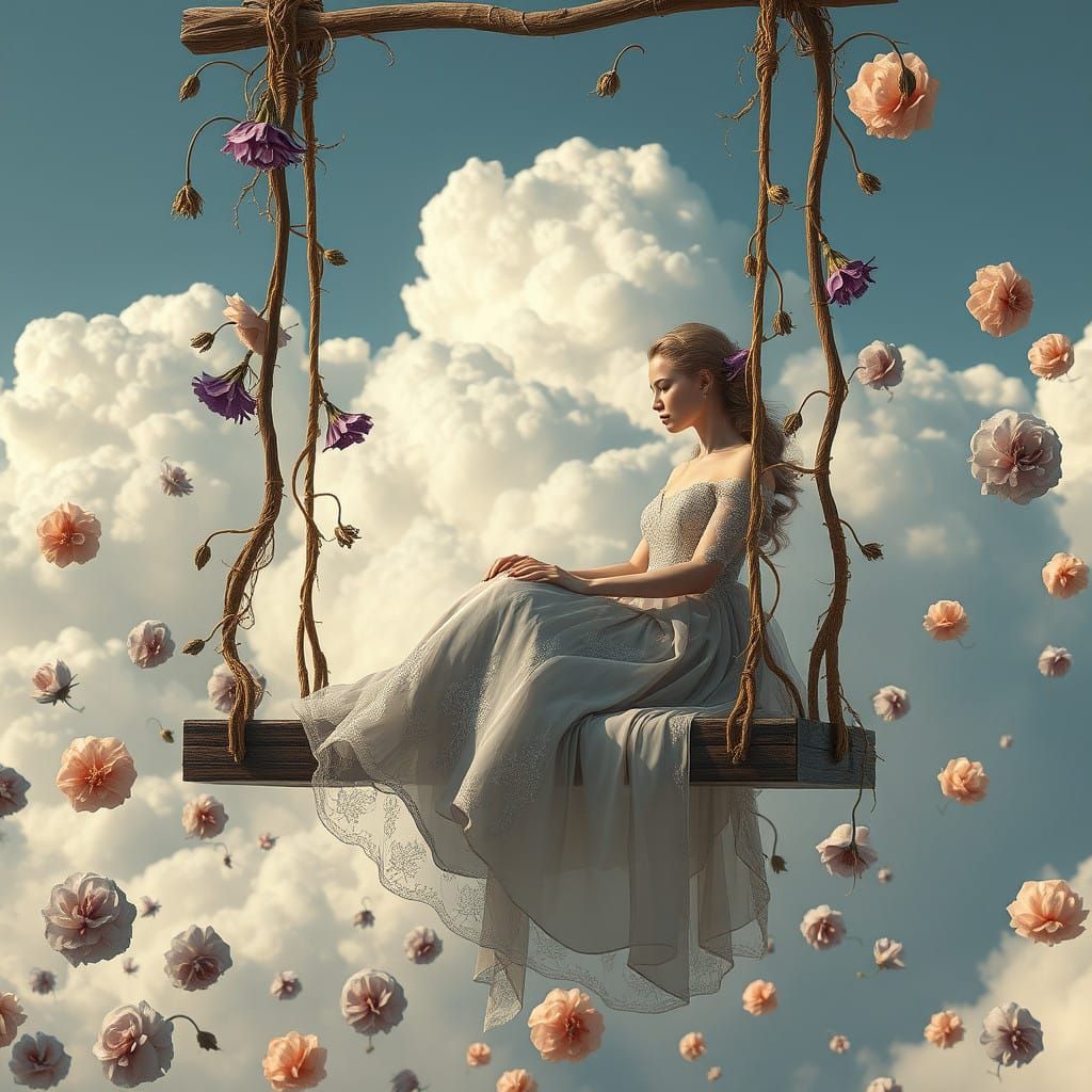 Ethereal Goddess in Whimsical Cloudscape