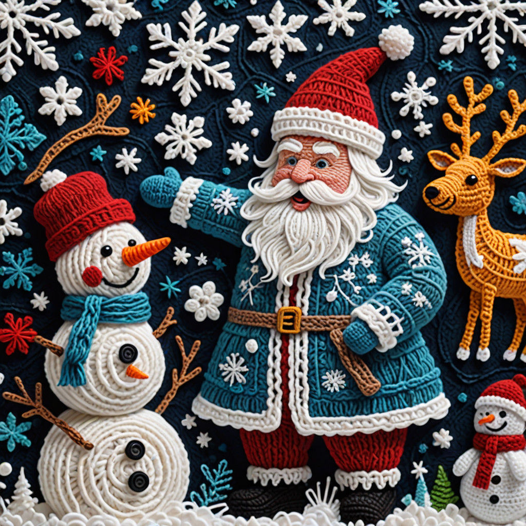 Winter Wonderland Scene in Intricate Yarn Crochet Appliqué