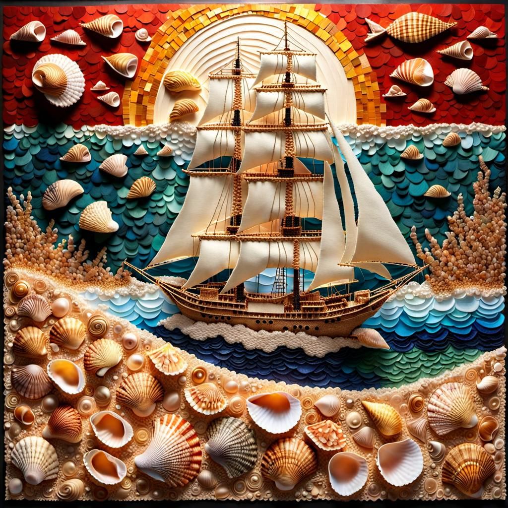 Seashell Sailing Ship in Mixed Media Collage