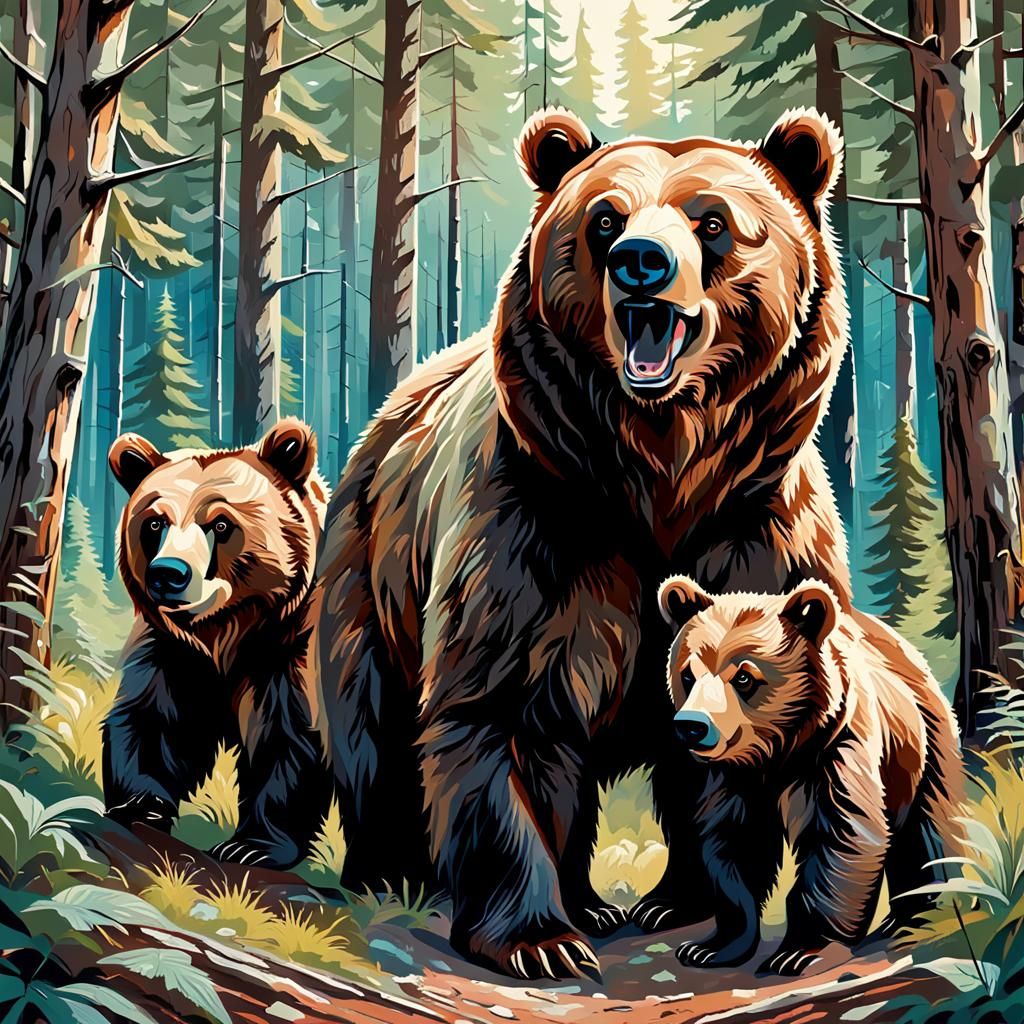 Brown Bear and Cubs in Abstract Style