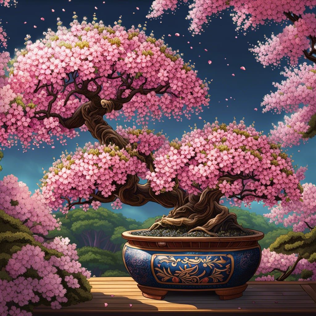 Bonsai and Cherry Blossoms in Anime Style