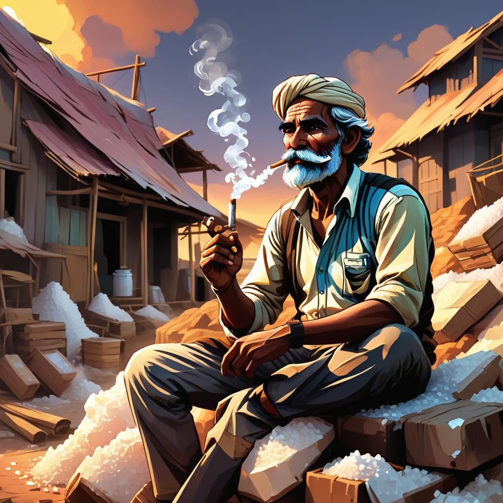 Indian Salt Farmer Smoking: Low-Poly Comic Art