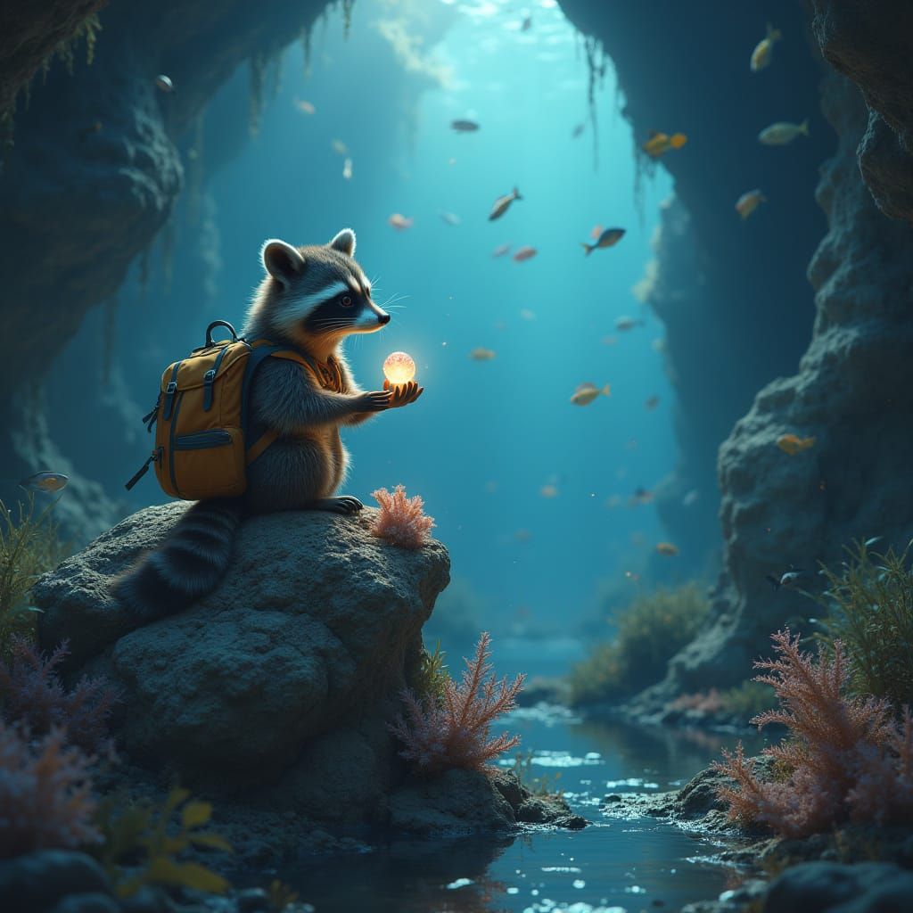 Raccoon in Underwater Grotto, Dreamy Art Style